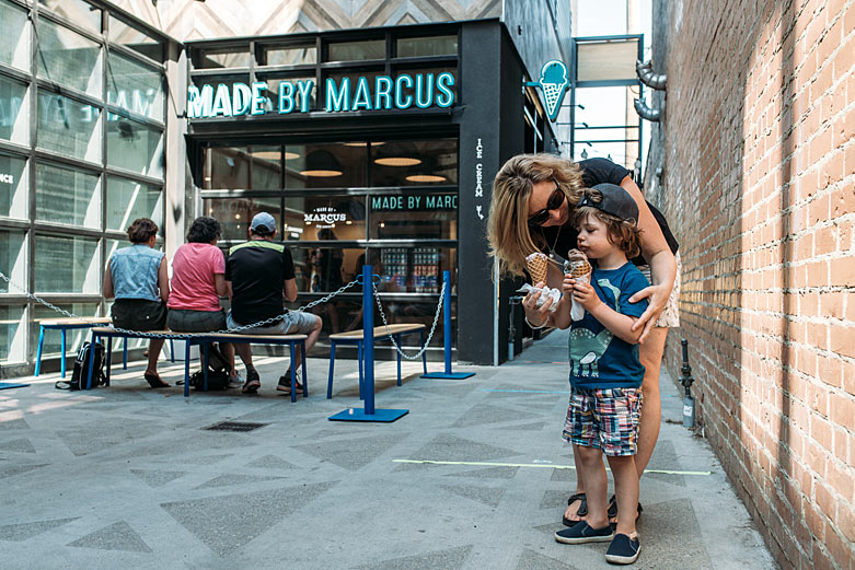 Mother and son at Made by Marcus ice cream shop in Edmonton